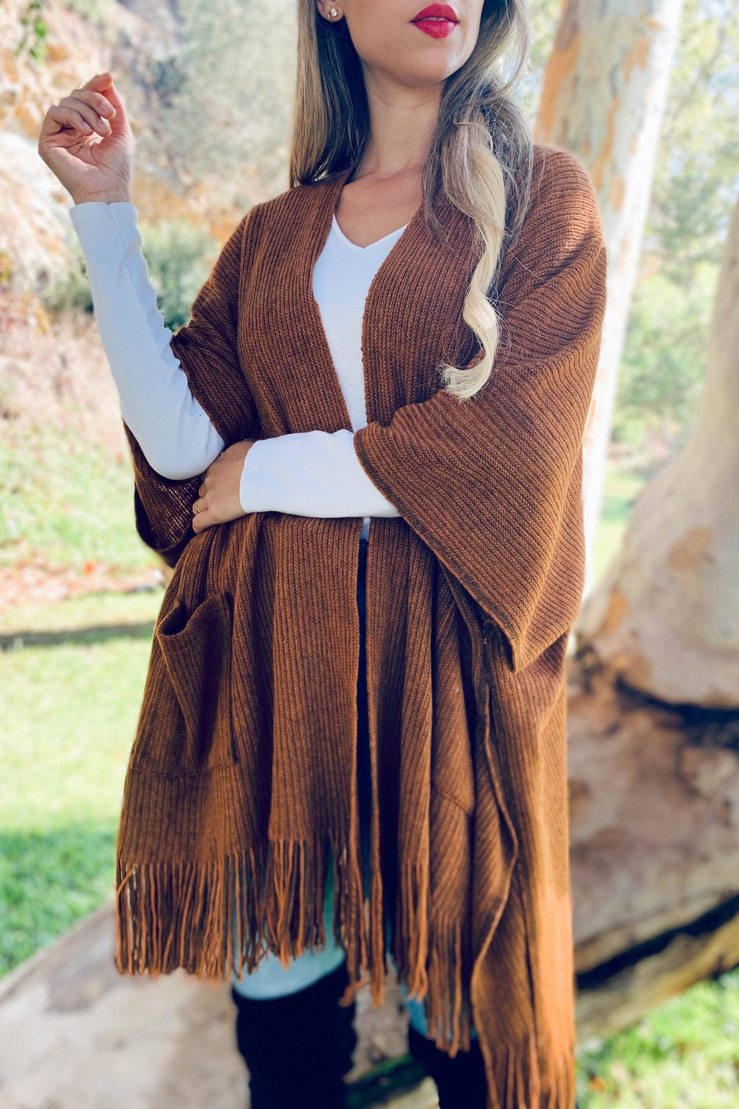 Camel Soft Knitted Pocket Kimono Cardigan With Fringe