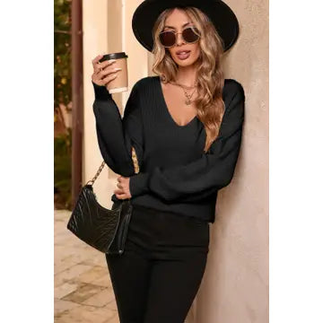 V NECK BOW TIE BACK SWEATER