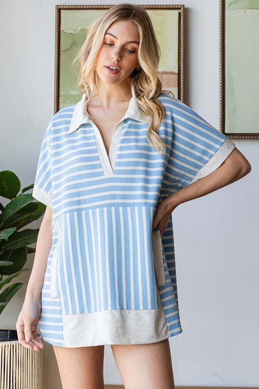 SHORT SLEEVE COLLAR STRIPE TOP