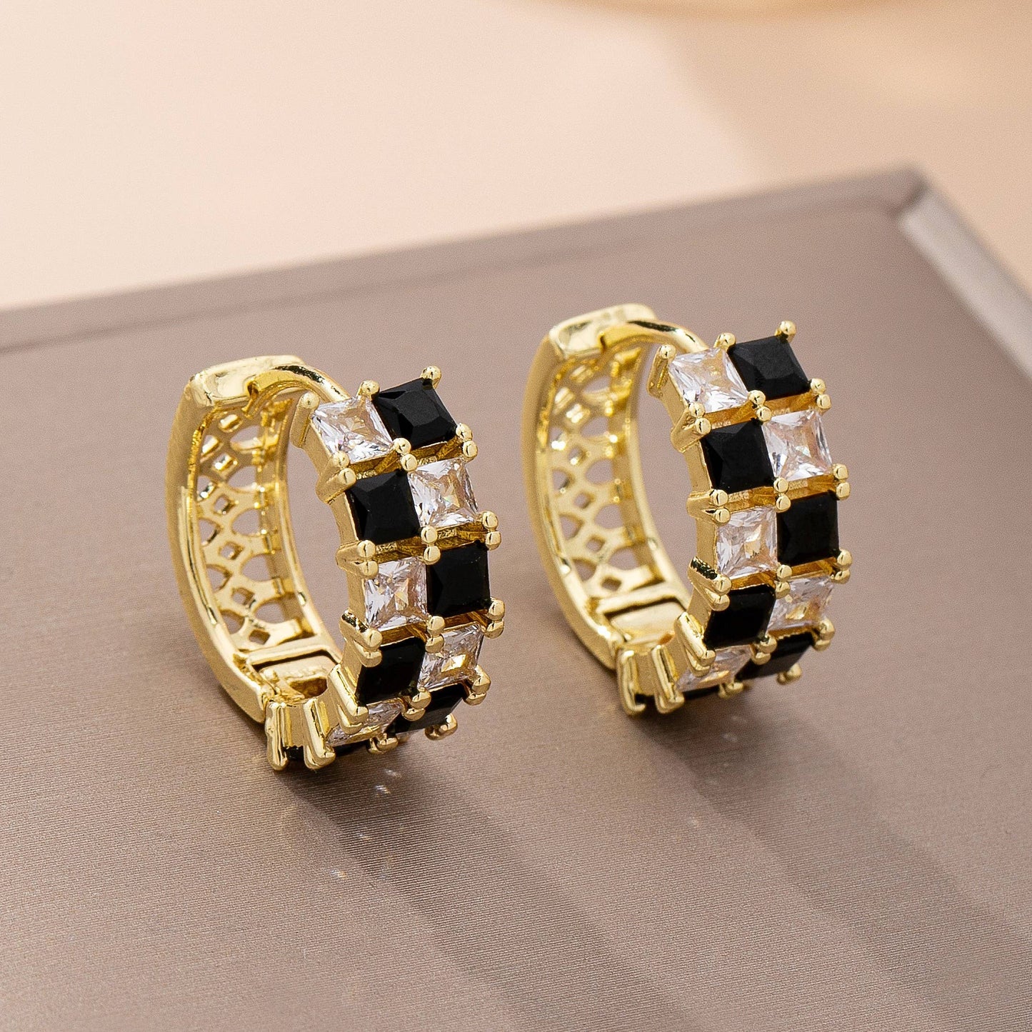 Checker Black & Crystal Baguette Hoop Earrings