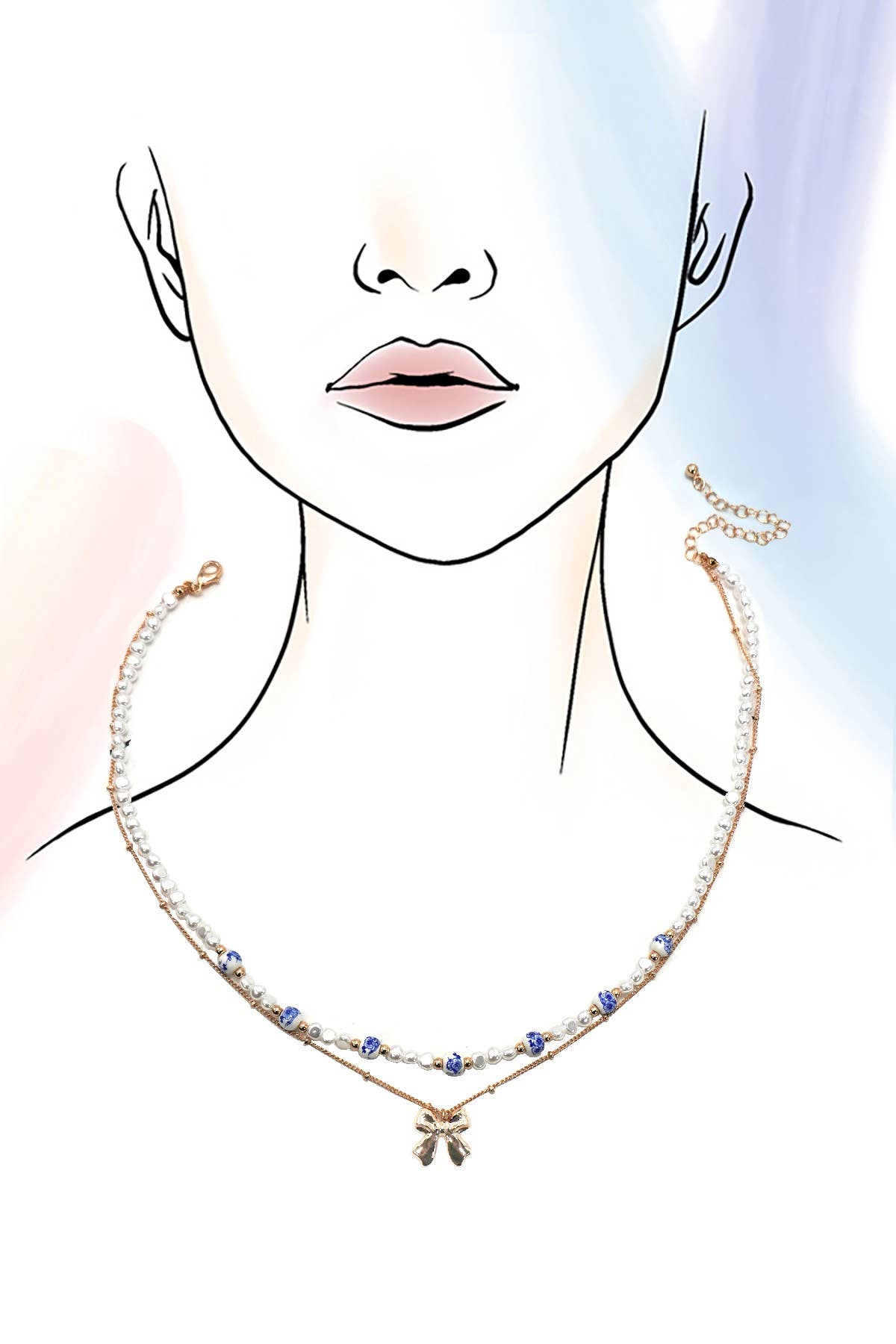 CERAMIC PORCELAIN PEARL BOW LAYER NECKLACE |