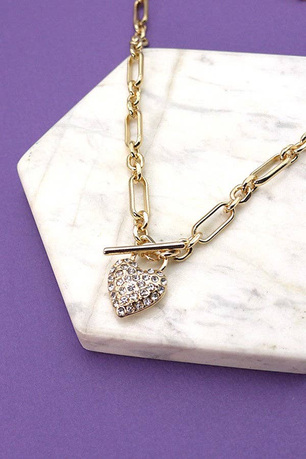 HANDMADE LINK CHAIN RHINESTONE HEART NECKLACE