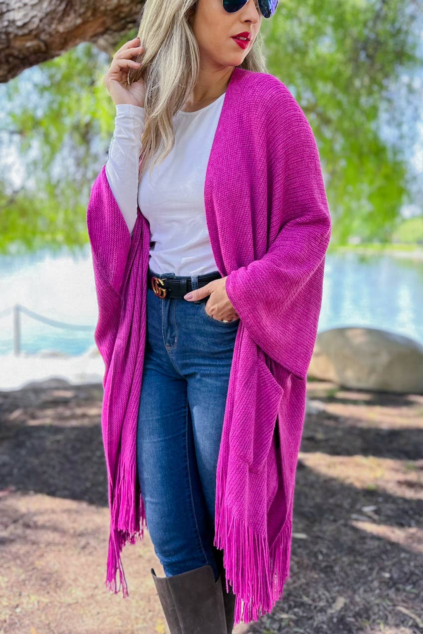 Magenta Kimono Cardigan With Fringe