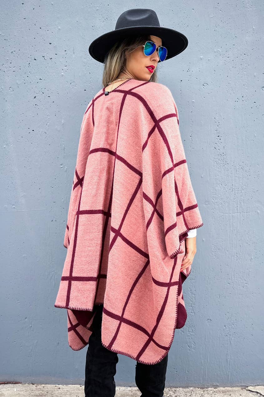 Burgundy Rose Dual-Tone Check Print Cozy Reversible Ruana