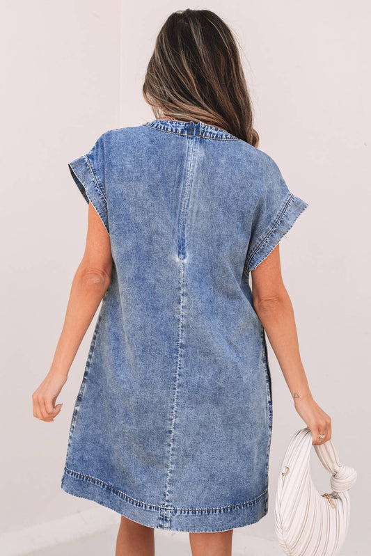 V Neck Short Sleeve Denim Shift Dress