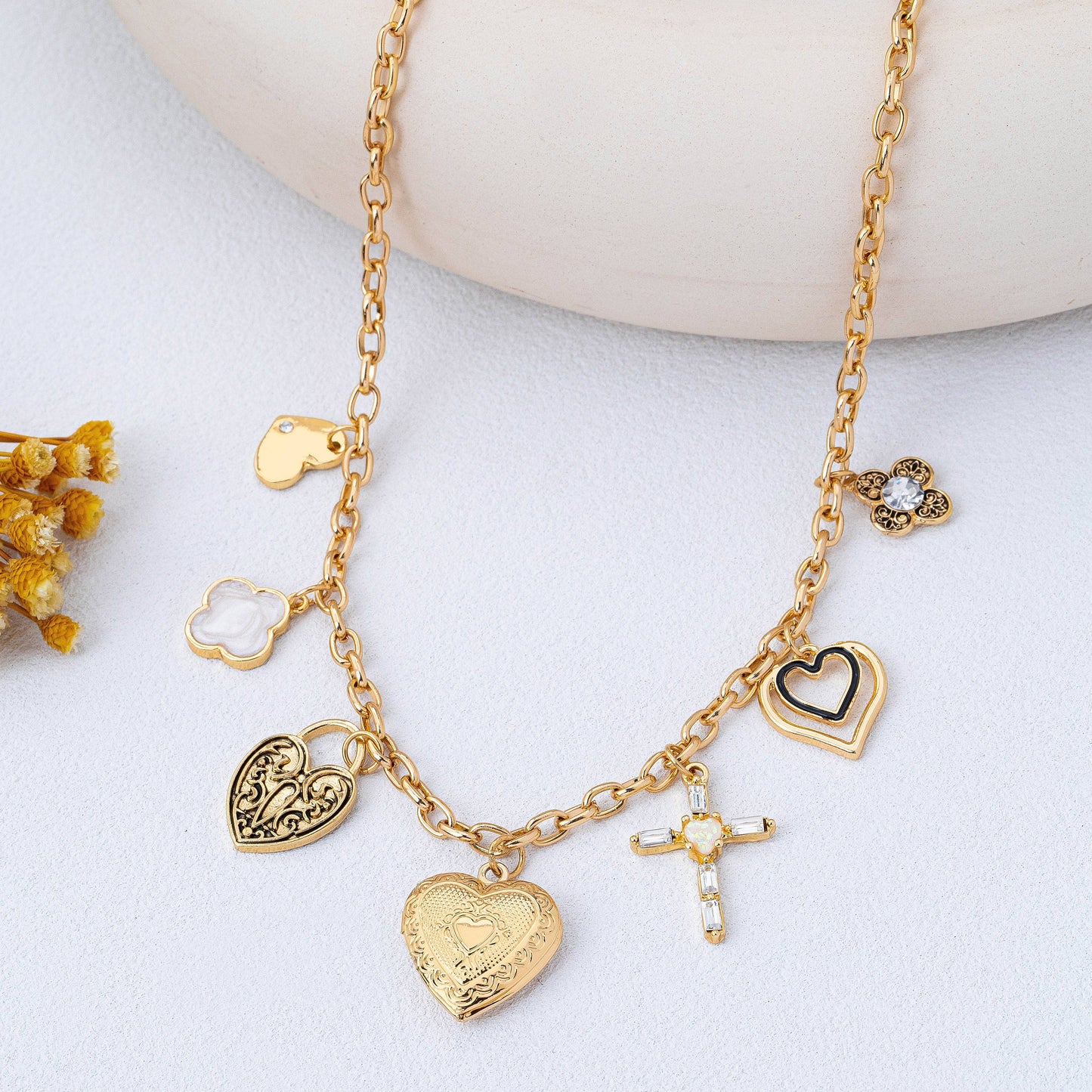 Antique Heart Locket & Cross Multi-Charm Necklace