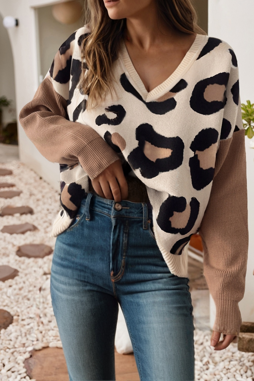 Leopard Color Block Sleeve V Neck Sweater