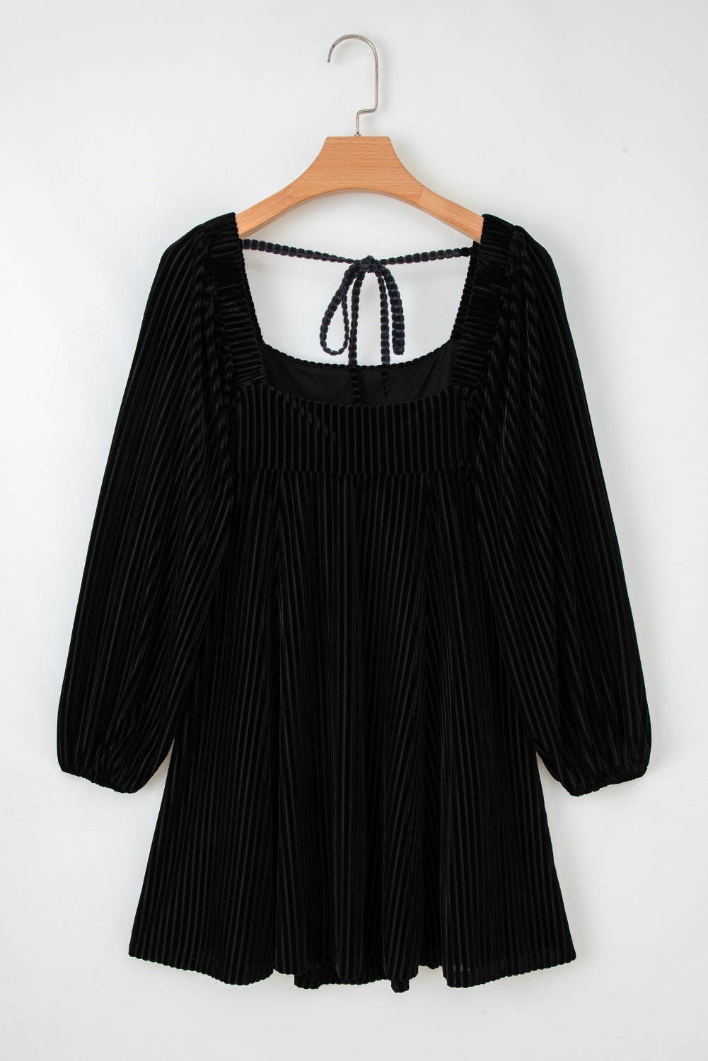 Tie Back Square Neck Black Velvet Babydoll Dress