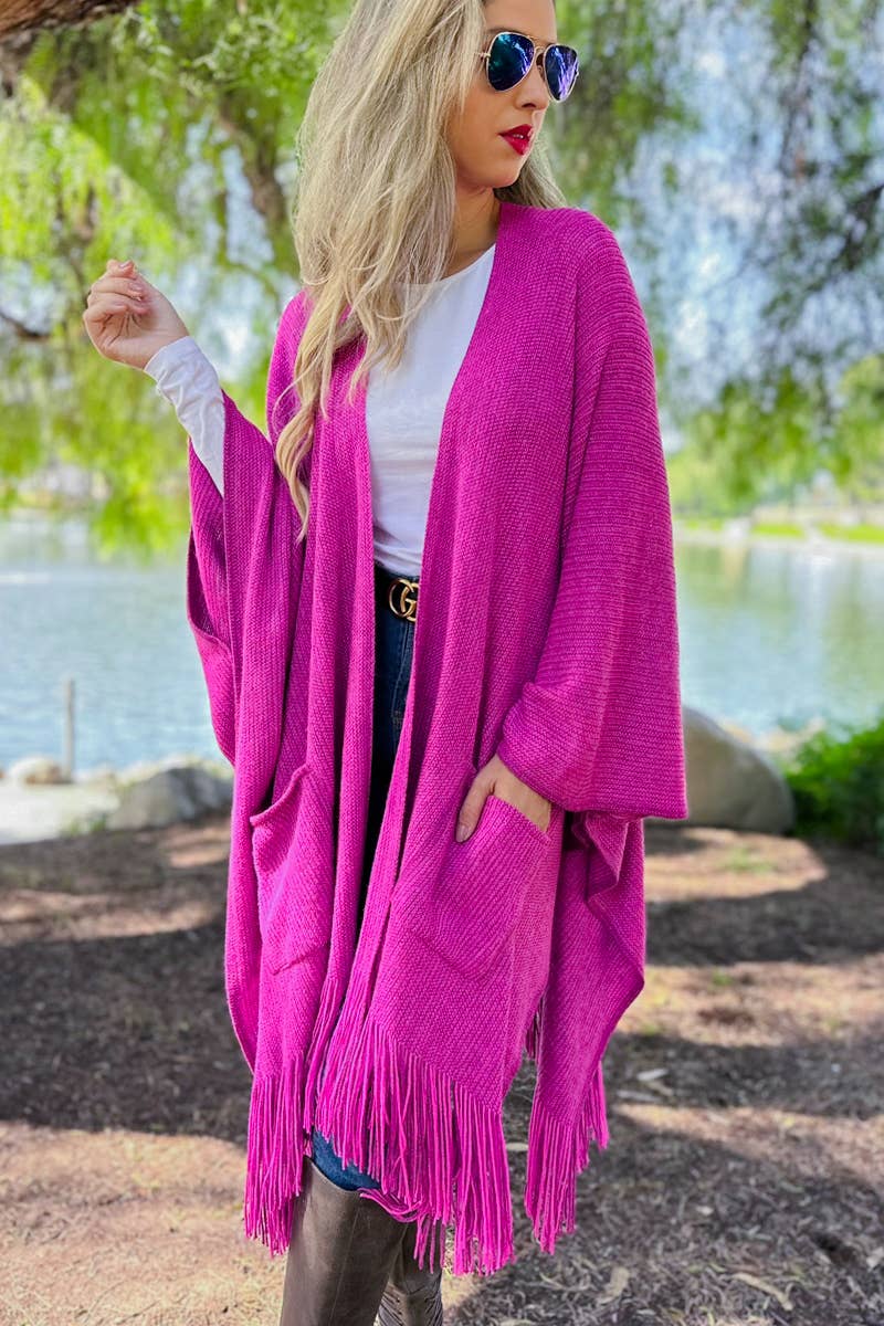 Magenta Kimono Cardigan With Fringe