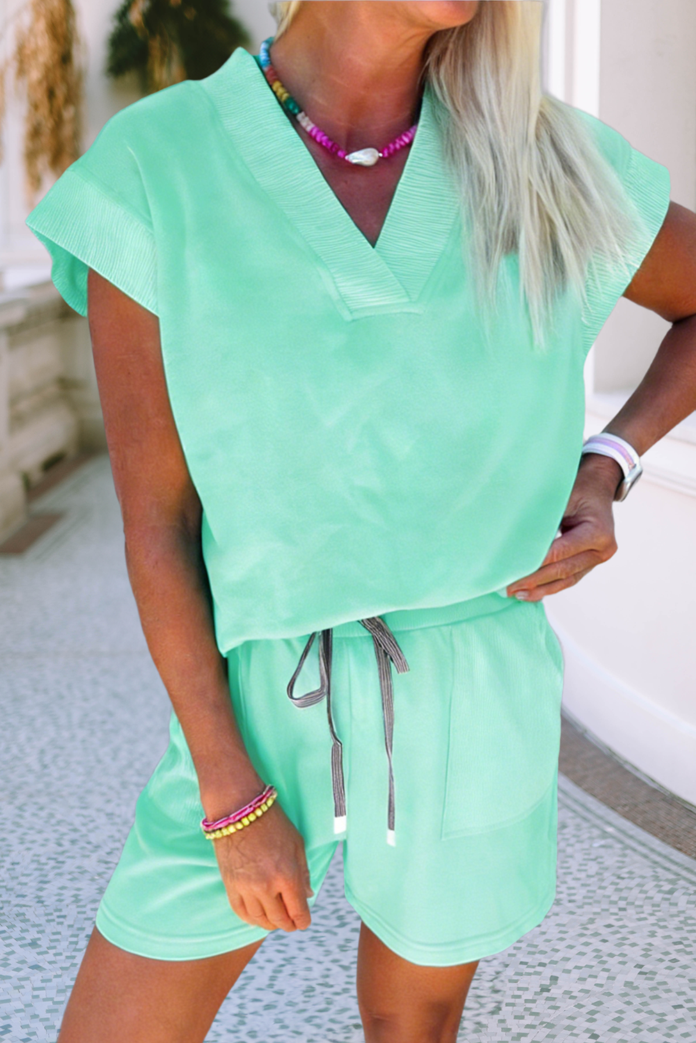 Solid V Neck Short Sleeve Top & Drawstring Shorts 2pcs Set