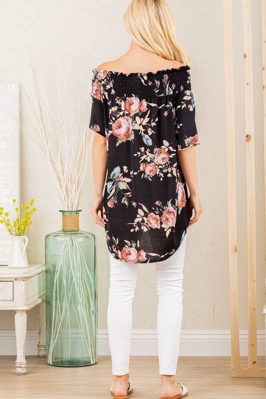 BLACK OFF SHOULDER FLORAL TOP WITH SMOCKED NECKLINE