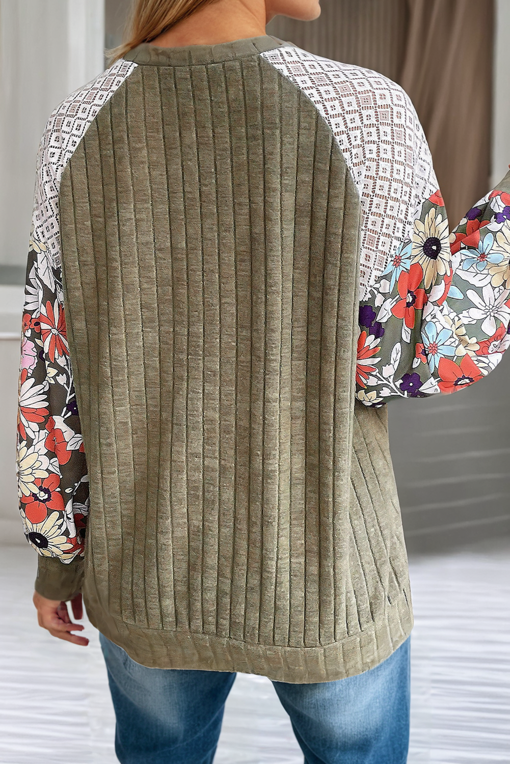 Olive Patchwork Long Sleeve Ribbed Top