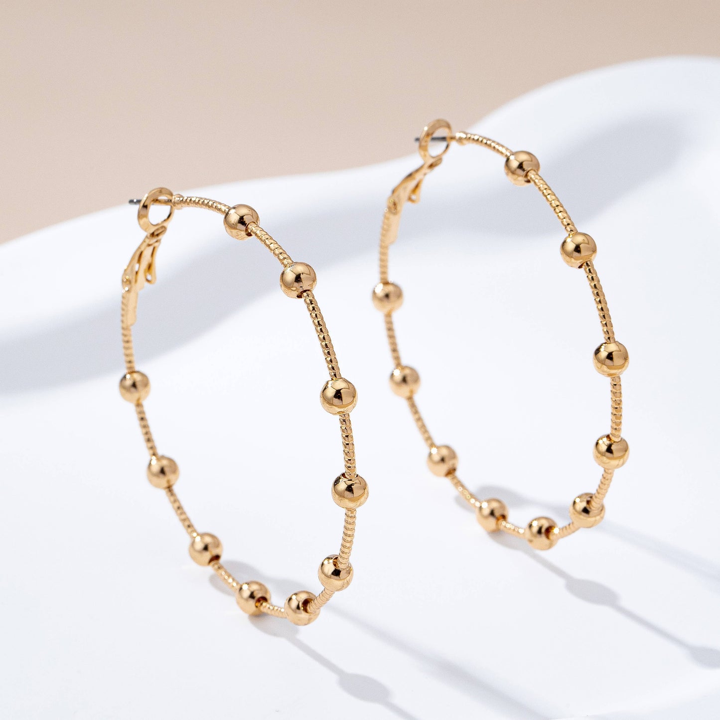 Classic Gold Ball Beaded Station Hoop Earrings