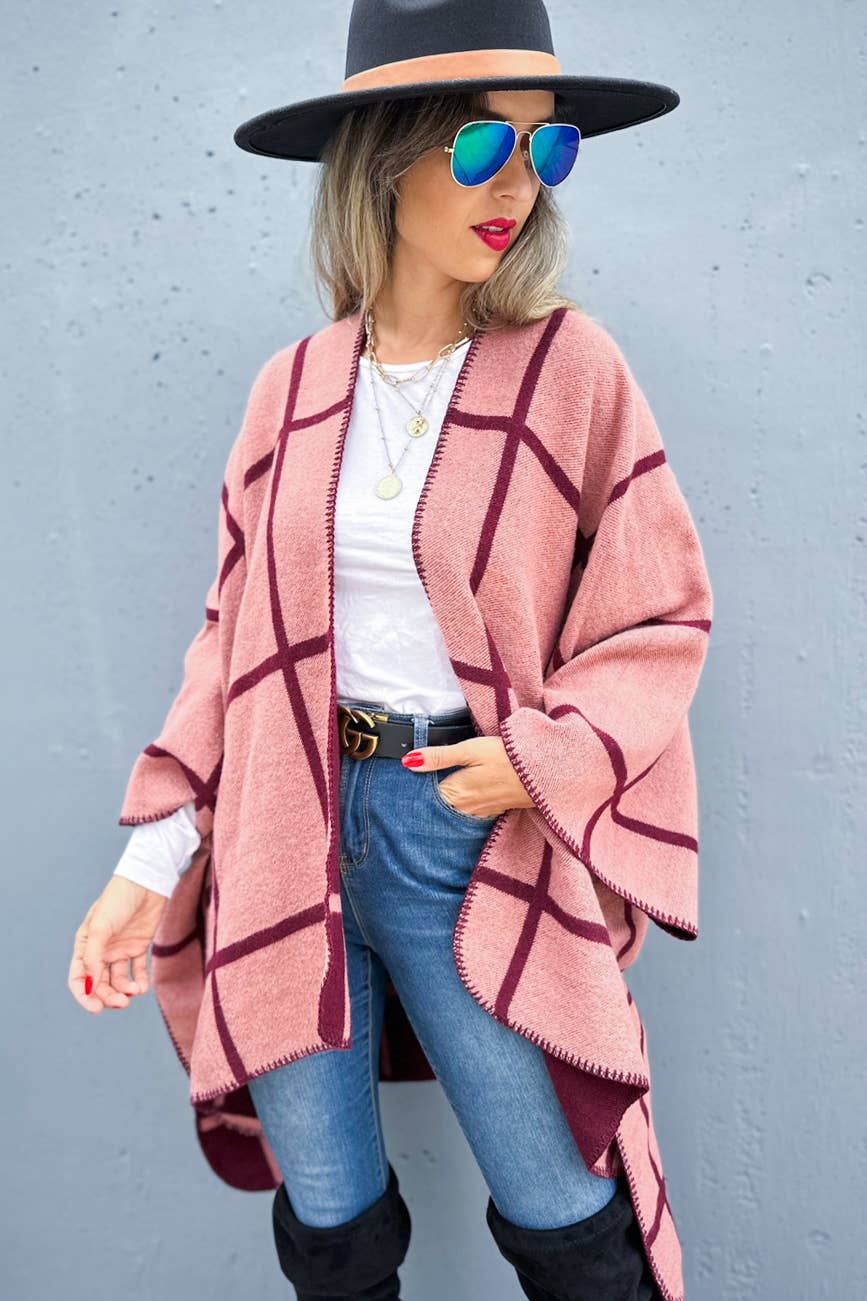 Burgundy Rose Dual-Tone Check Print Cozy Reversible Ruana