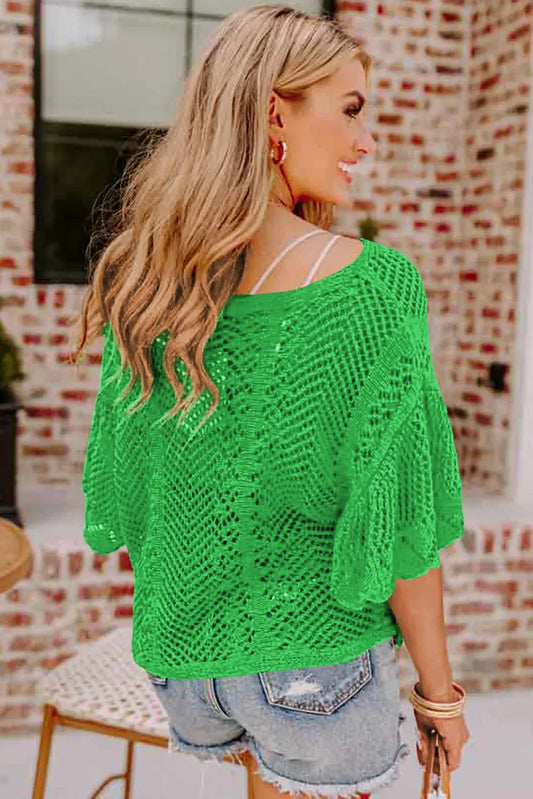 Green Knit Scallop Edge Short Sleeve Top