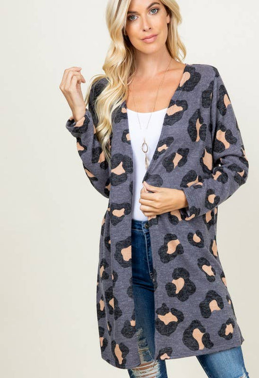 SLATE BLUE/GREY LEOPARD PRINT OPEN CARDIGAN