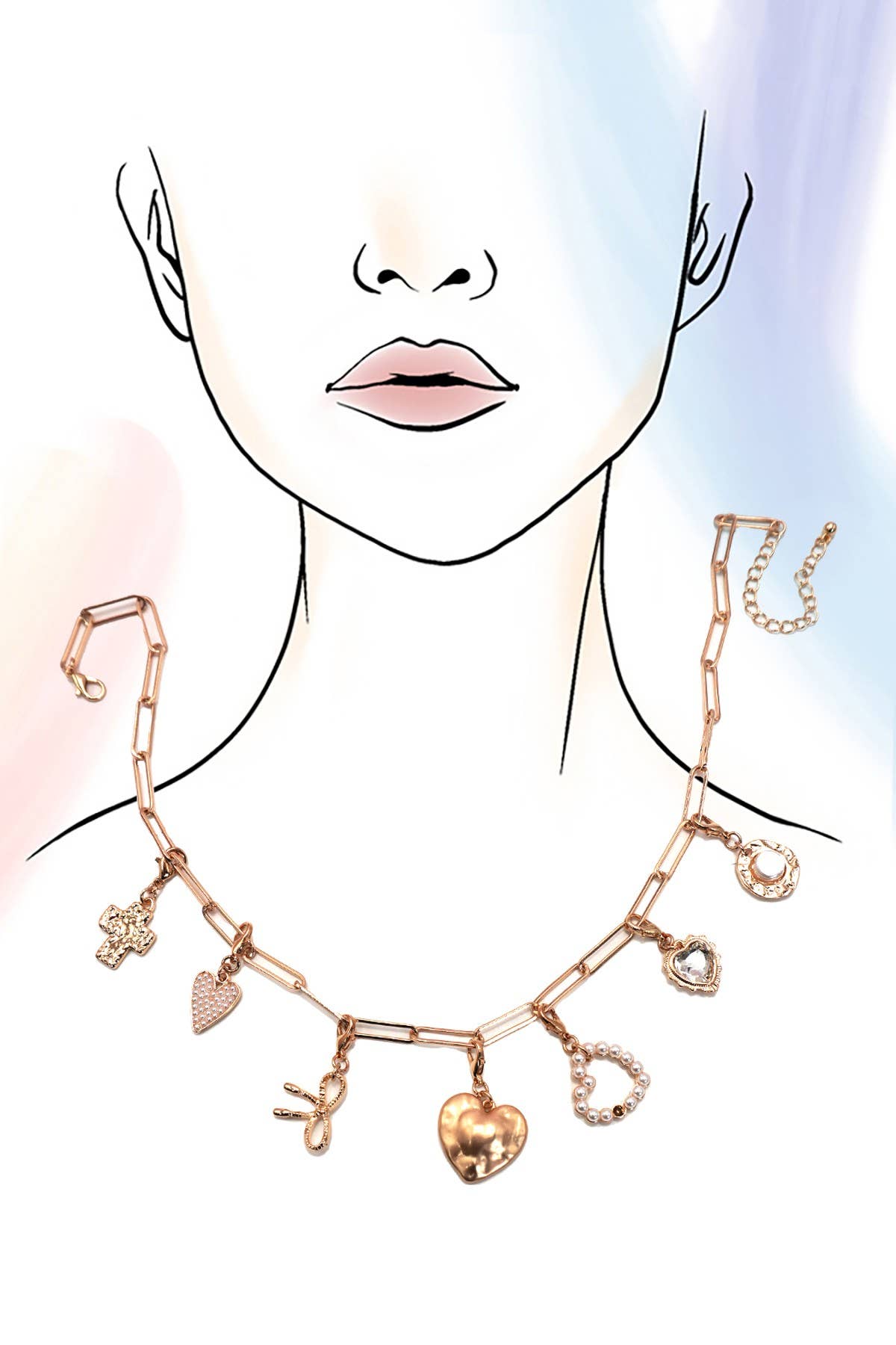 BOW HEART REMOVABLE MULTI CHARM NECKLACE