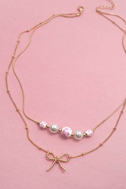 PINK CERAMIC PORCELAIN PEARL BOW LAYER NECKLACE