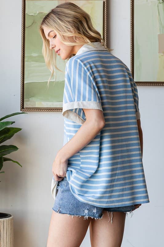 SHORT SLEEVE COLLAR STRIPE TOP