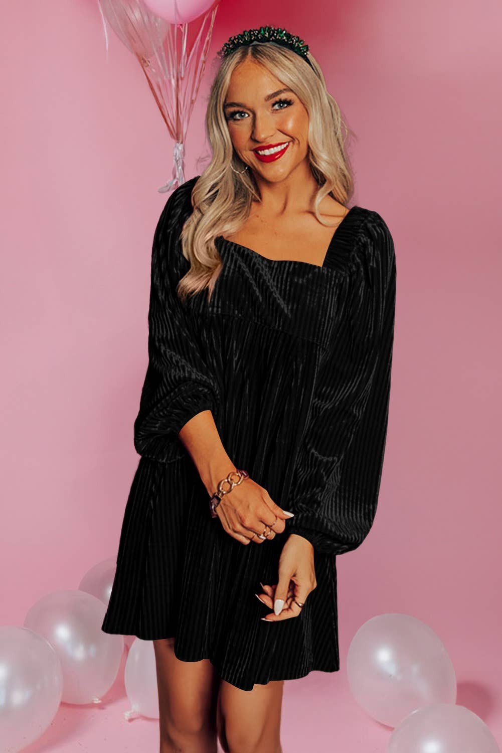 Tie Back Square Neck Black Velvet Babydoll Dress