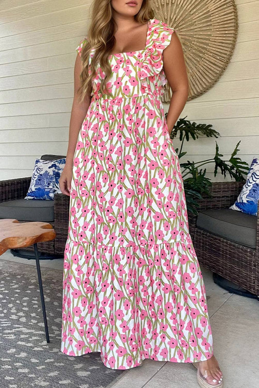 Plus Size - Pink Ruffle Trim Floral Maxi Dress