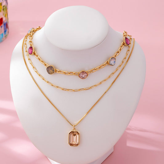 Oval Stone Beaded Ball Multi Layer Chain necklace