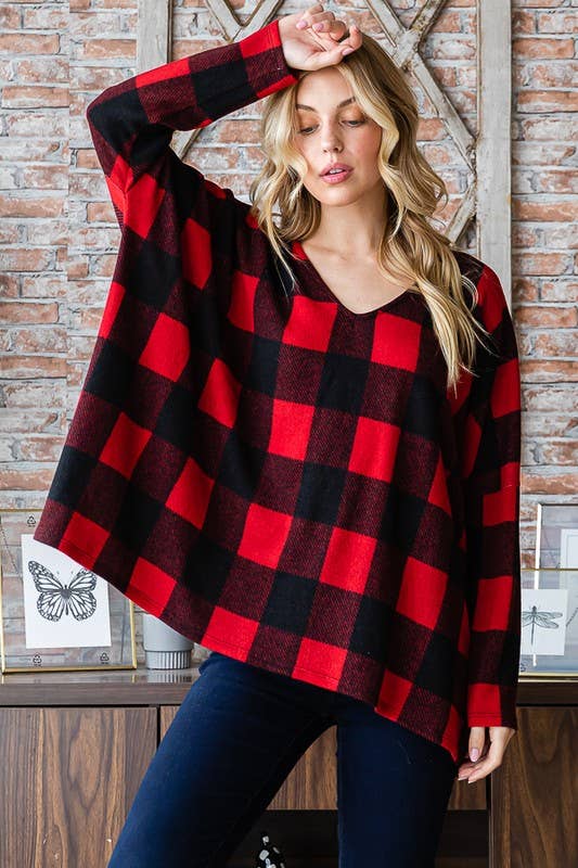 Red/Black Buffalo Plaid Vneck Oversized Top