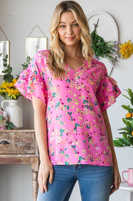 SHORT SLEEVE WITH DOUBLE RUFFLED PRINT TOP