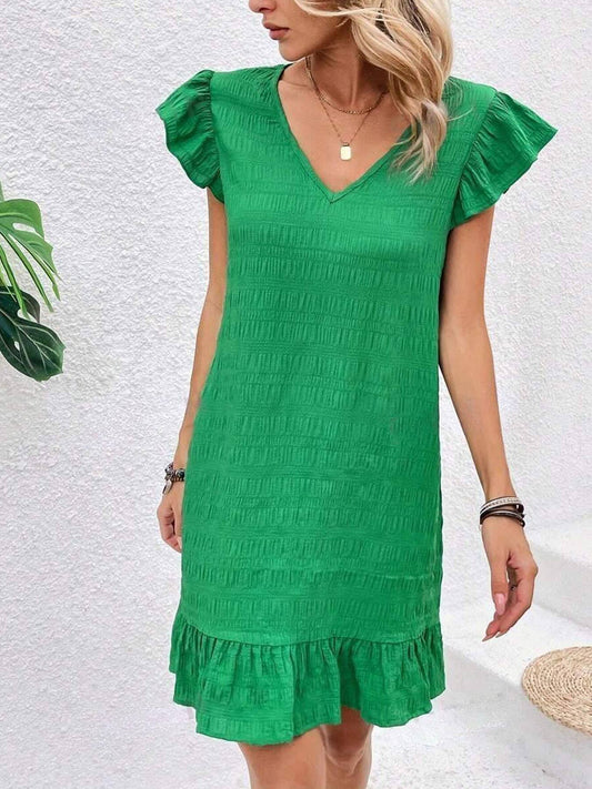 Green V-Neck Ruffled Sleeve Dress