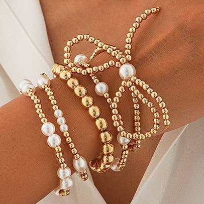 MULTI LAYER BALL CHAIN BEAD PEARL BOW BRACELET
