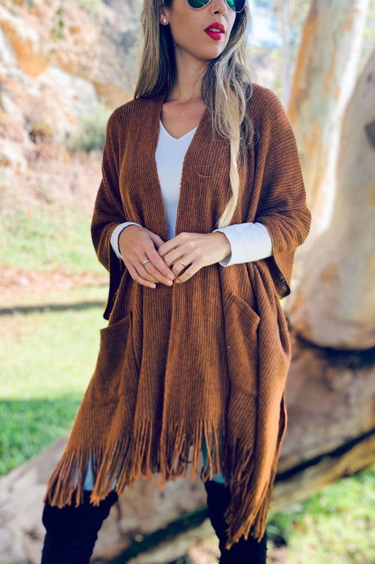 Camel Soft Knitted Pocket Kimono Cardigan With Fringe