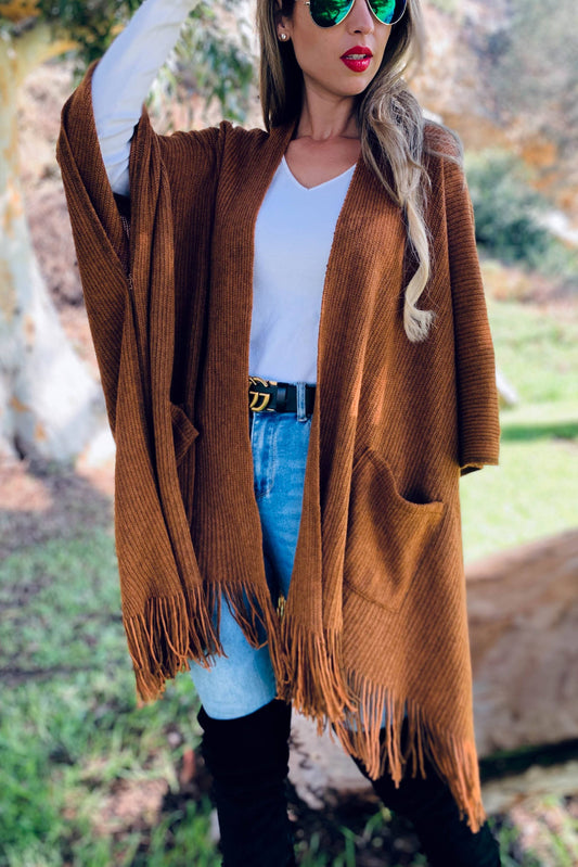 Camel Soft Knitted Pocket Kimono Cardigan With Fringe