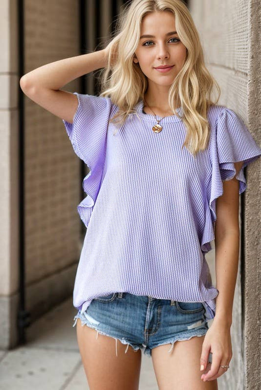 RUFFLED SLEEVE RIBBED TOP