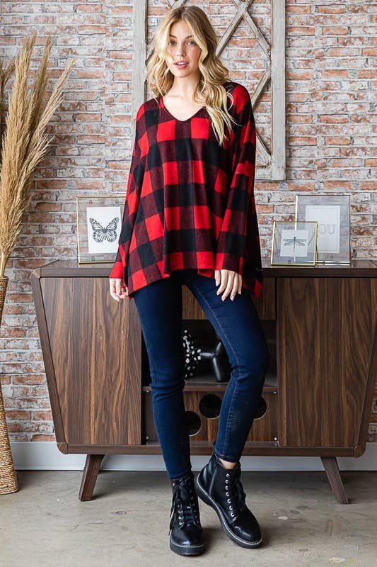 Red/Black Buffalo Plaid Vneck Oversized Top