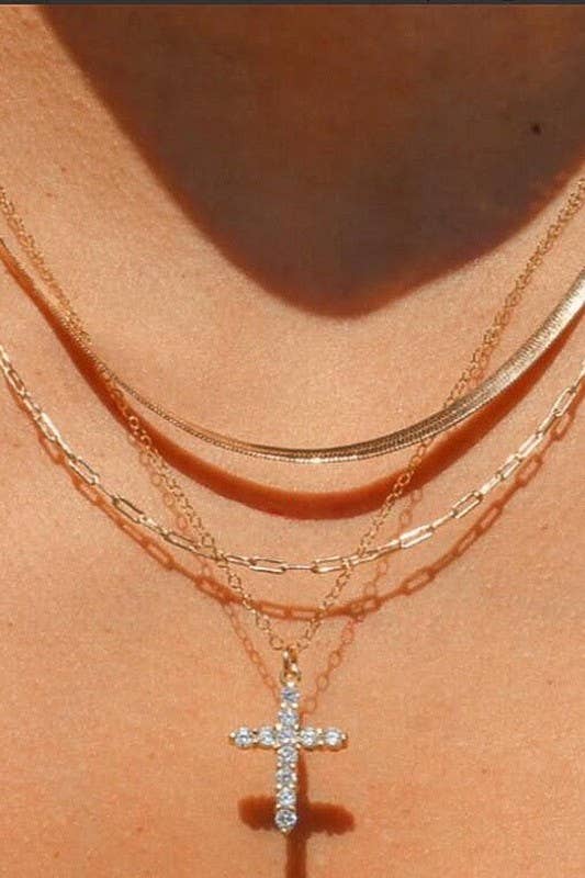 18K STAINLESS STEEL TARNISH FREE LAYERED CROSS NECKLACE