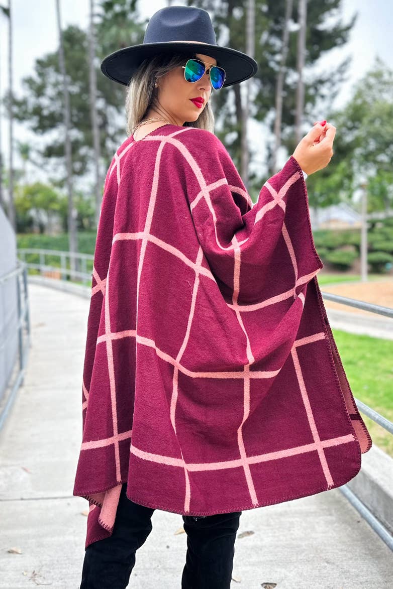 Burgundy Rose Dual-Tone Check Print Cozy Reversible Ruana