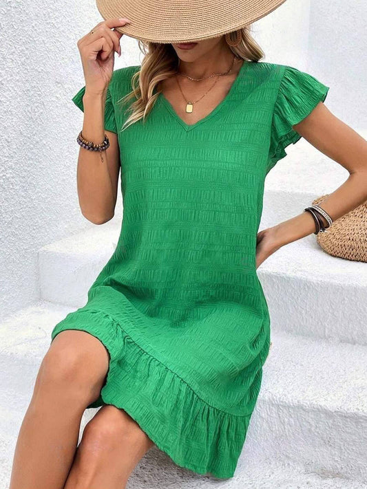 Green V-Neck Ruffled Sleeve Dress
