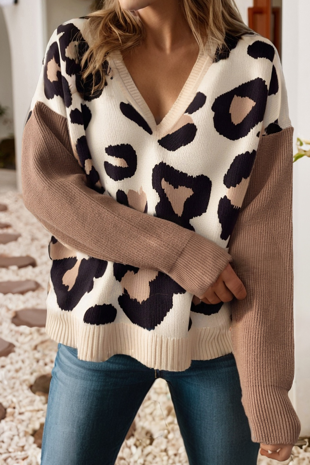 Leopard Color Block Sleeve V Neck Sweater