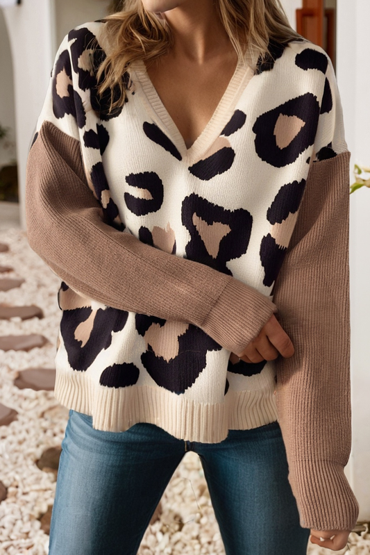 Leopard Color Block Sleeve V Neck Sweater
