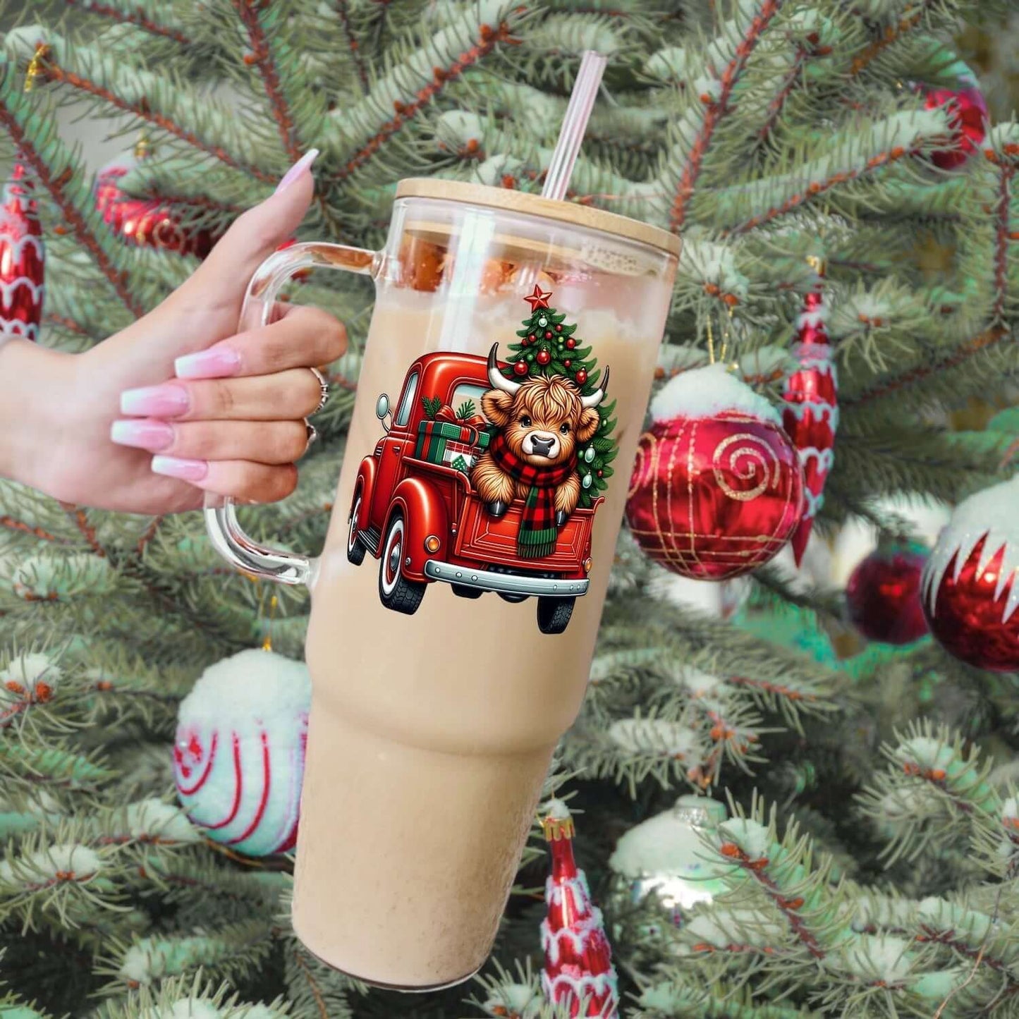 Christmas Highland Cow Tumbler With Lid and Straw