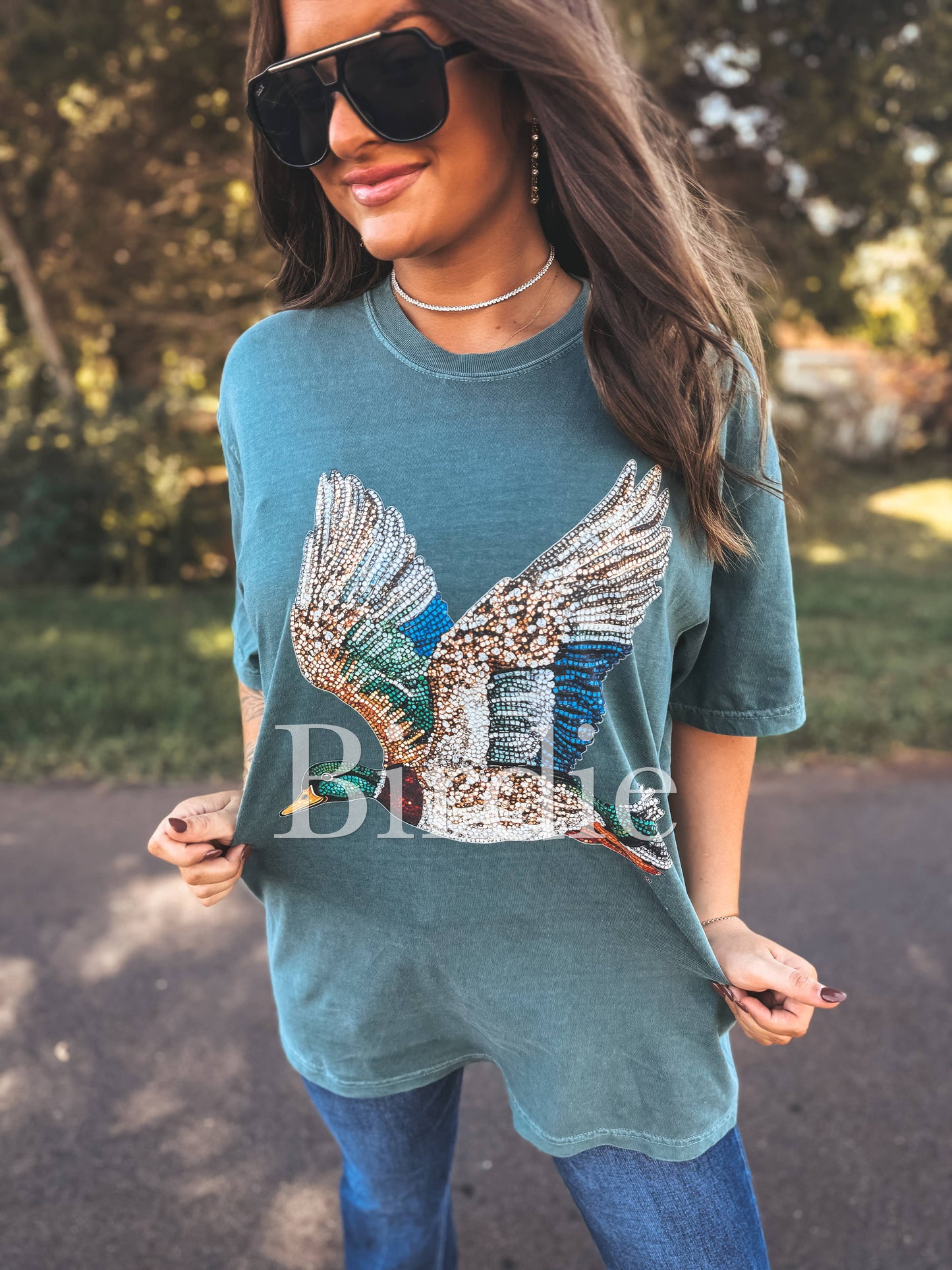 Faux Rhinestone Duck Graphic Tee on Blue Spruce
