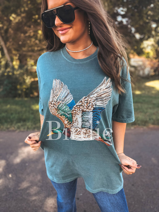 Faux Rhinestone Duck Graphic Tee on Blue Spruce