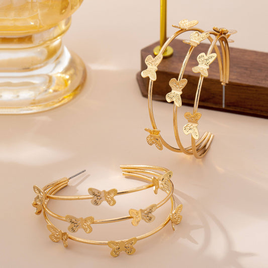 Gold-Tone Triple Butterfly Hoop Earrings