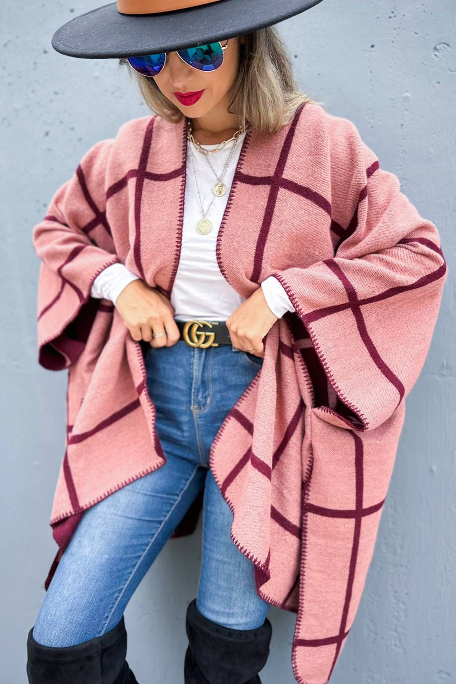 Burgundy Rose Dual-Tone Check Print Cozy Reversible Ruana