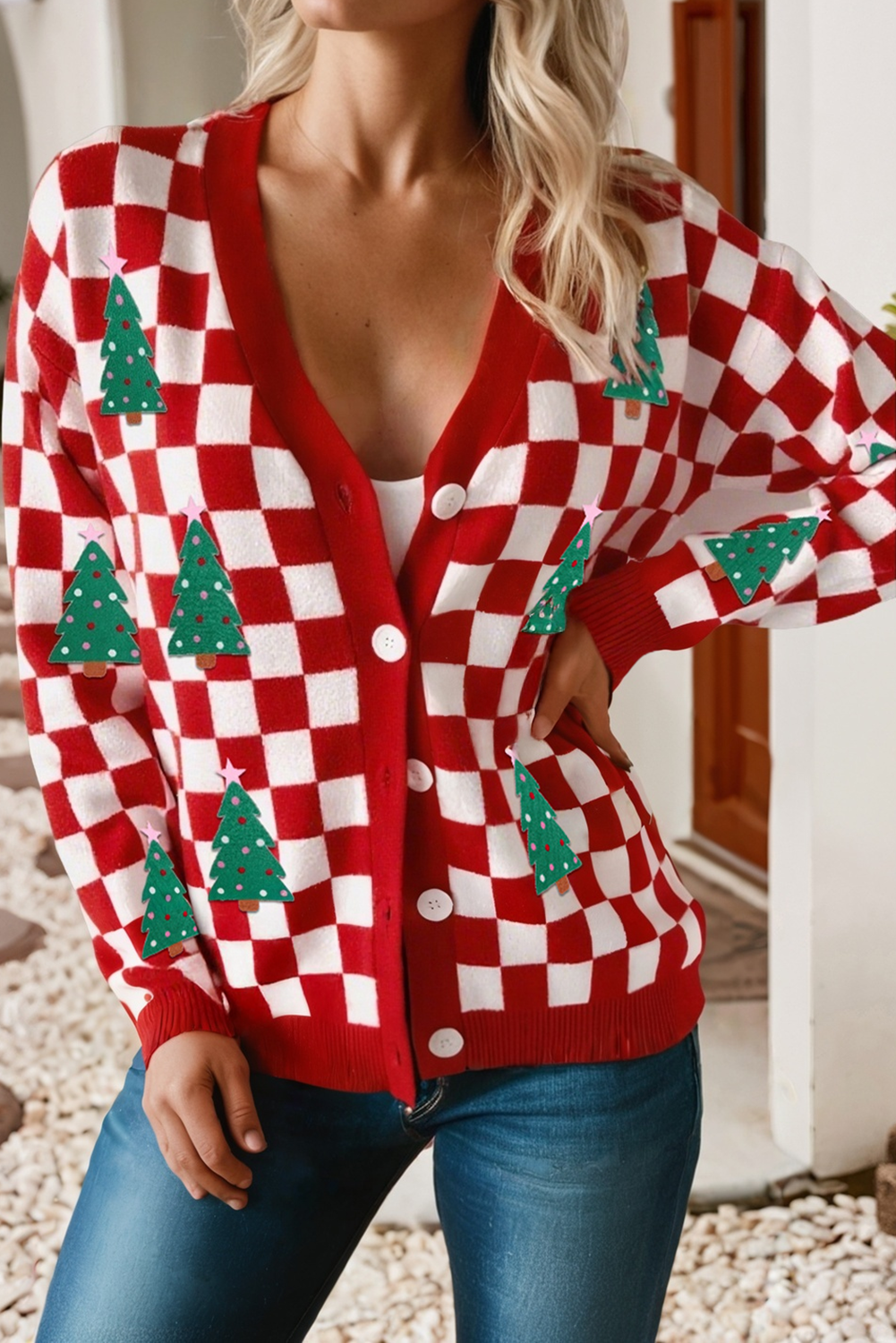 Checkered Christmas Tree Pattern Button Sweater Cardigan