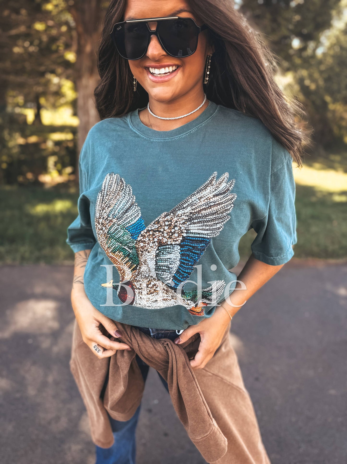 Faux Rhinestone Duck Graphic Tee on Blue Spruce