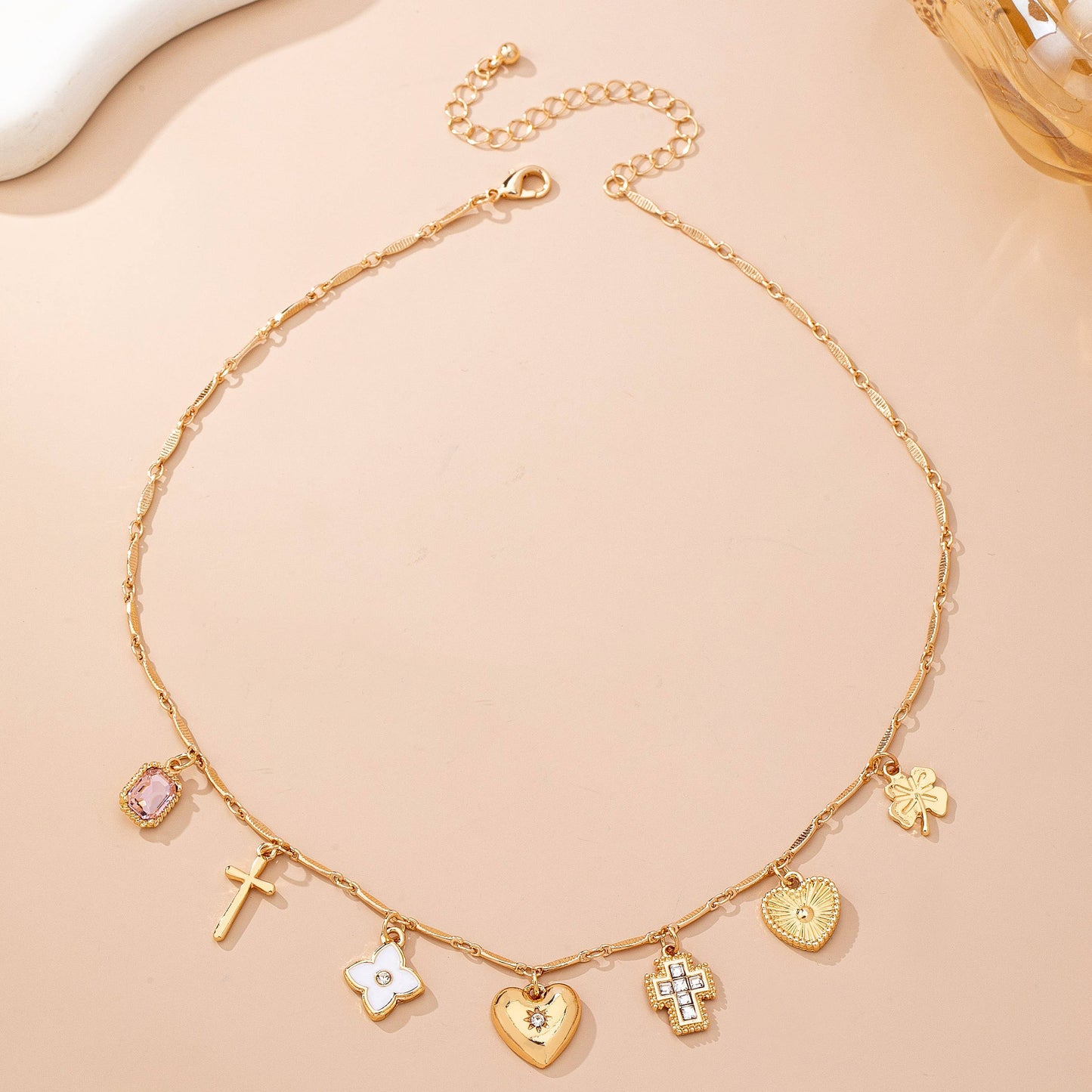 CHARM NECKLACE-crosses hearts flowers clovers