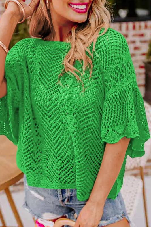 Green Knit Scallop Edge Short Sleeve Top