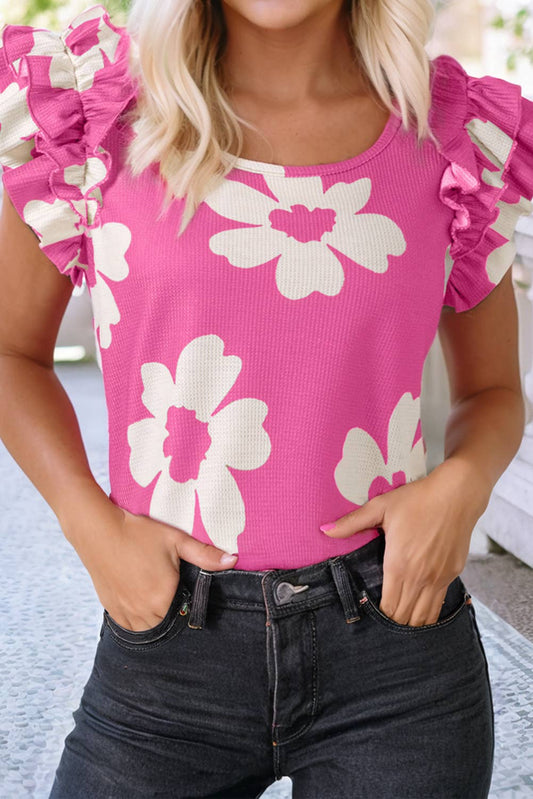 Pink Flower Ruffle Sleeve Top