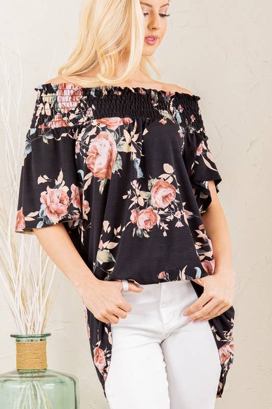 BLACK OFF SHOULDER FLORAL TOP WITH SMOCKED NECKLINE